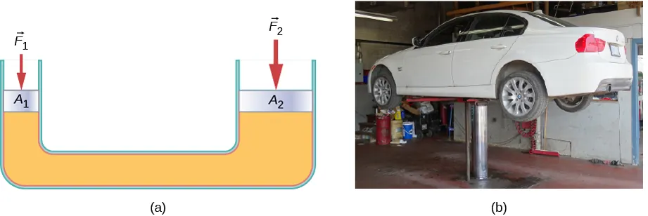 Ilustracja (a) prezentuje schematyczny rysunek U-kształtnej rury wypełnionej płynem. Siła F1 działająca w dół jest przyłożona z lewej strony do powierzchni A1. Siła F2 skierowana ku dołowi jest przyłożona po powierzchni A2. Powierzchnia A2 jest większa niż powierzchnia A1. Ilustracja (b) przedstawia samochód osobowy na podnośniku hydraulicznym.
