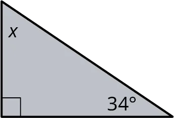 A right triangle with its interior angles marked x, 90 degrees, and 34 degrees.