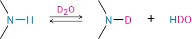 A reversible reaction in which N-methylmethanamine reacts with deuterium oxide to form a product in which hydrogen is replaced by deuterium. H D O is the second product.