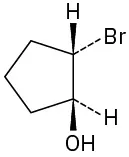 Cyclopentane ring with hydrogen on wedge and bromine on dash. On the adjacent (clockwise) carbon, hydroxyl on wedge and hydrogen on dash.