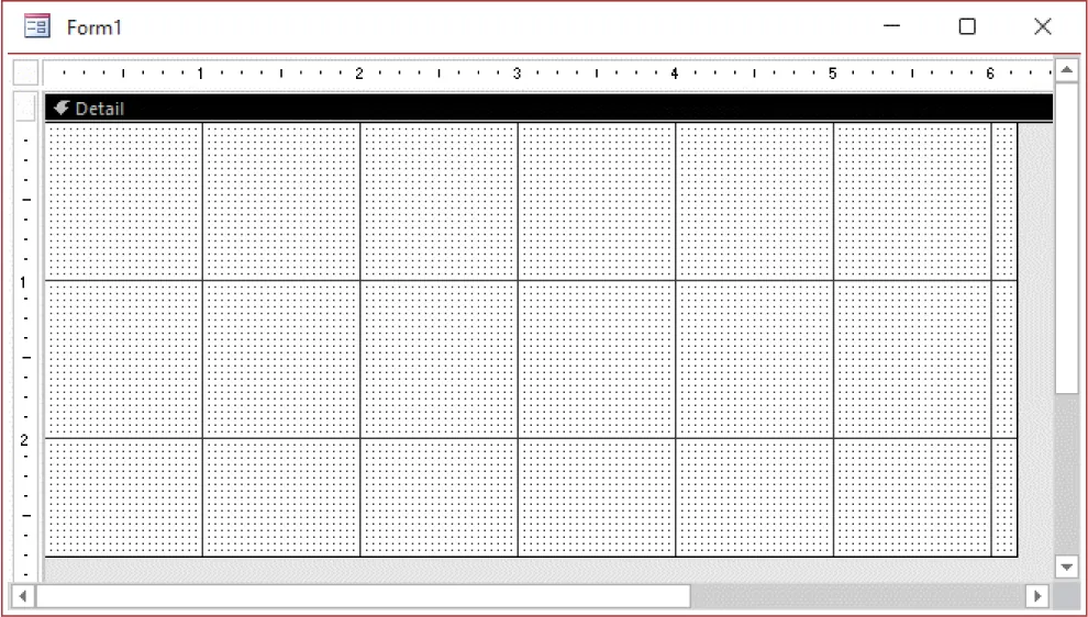 A blank, gridded form labeled Form1 is visible with black dots in the background. Rulers show at the top and left side.
