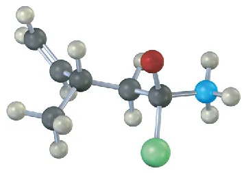 Ball-and-stick model shows a five-carbon alkoxide chain where ammonia and chlorine are attached to the carbonyl carbon. The fourth and fifth carbons are double-bonded, with a methyl group on the fourth.