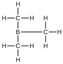 This Lewis structure is composed of a boron atom that is single bonded to three carbon atoms, each of which is single bonded to three hydrogen atoms.