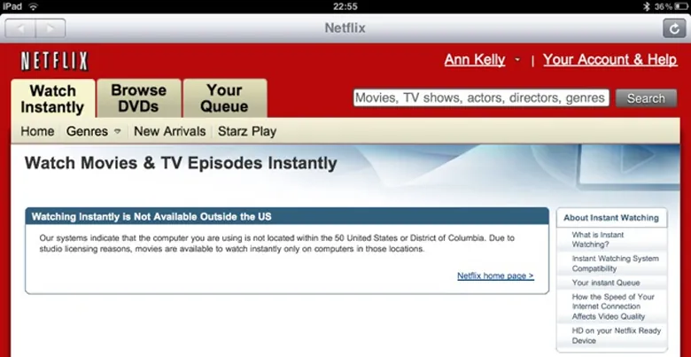 Zrzut ekranu witryny Netflix Watch Instantly umożliwiającej natychmiastowe oglądanie filmów i odcinków seriali za pośrednictwem usługi streamingu treści wideo. Zrzut pochodzi z początków działalności serwisu.