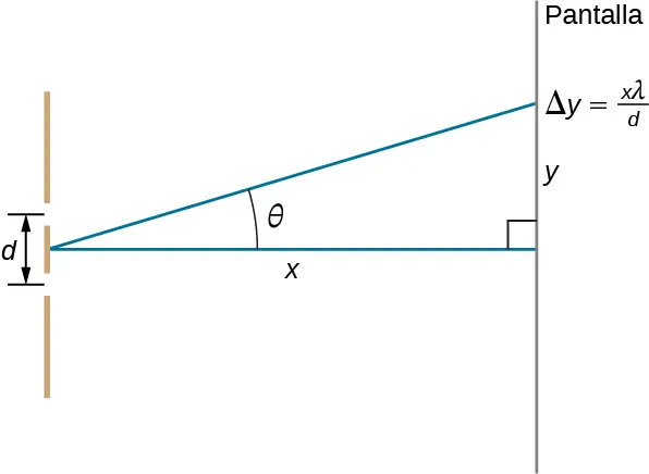 La imagen muestra una doble rendija situada a una distancia x de una pantalla, con la distancia desde el centro de la pantalla dada por y. La distancia entre las rendijas es d.
