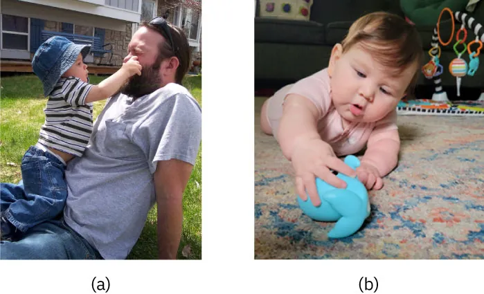 Photos of (a) child and parent playing outside and (b) child playing with toy on carpet.