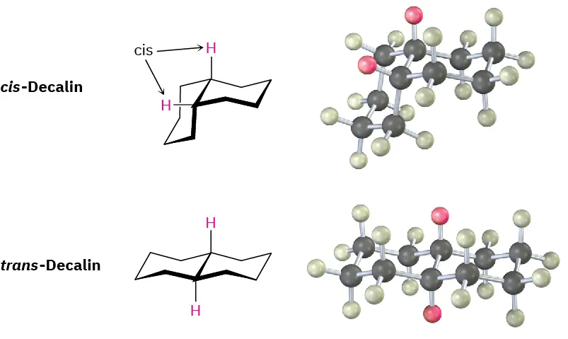The structure and ball-and-stick model of cis-decalin and trans-decalin. Hydrogen atoms represented as pink spheres are on the same side for cis-decalin and the opposite side for trans-decalin.
