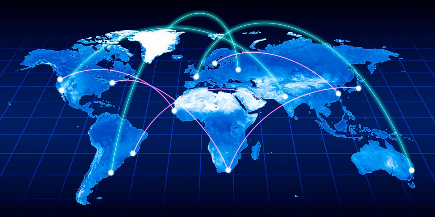 A flat map of Earth with multiple lines connecting continents to show a global network.