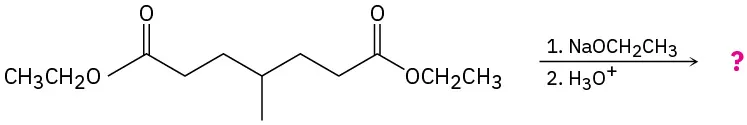 A seven-carbon chain with ethyl esters on terminal carbons and methyl on C 4 reacts with sodium ethoxide, then hydronium to form an unknown product.