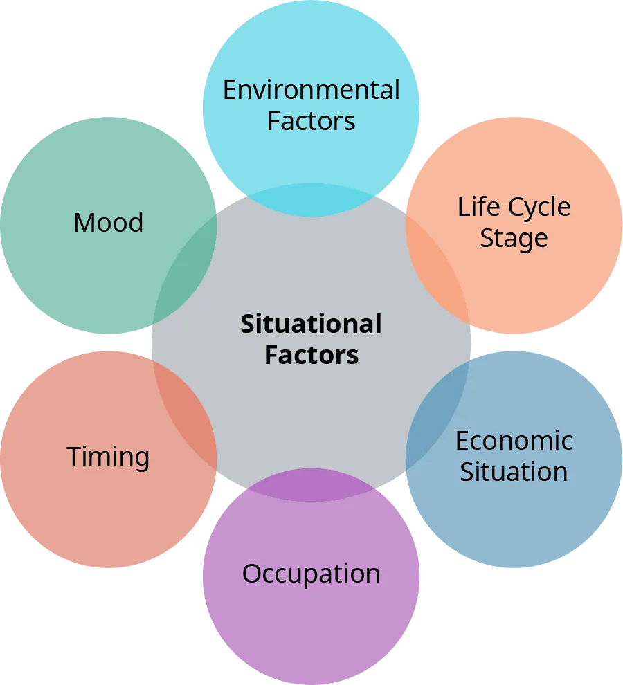 Situational factors that affect consumer buying behavior are: environmental factors, life cycle stage, economic situation, occupation, timing, and mood.