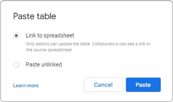 Paste table window has Link to spreadsheet option selected. It reads: Only editors can update the table. Collaborators can see a link to the source spreadsheet. Paste unlinked is also available.