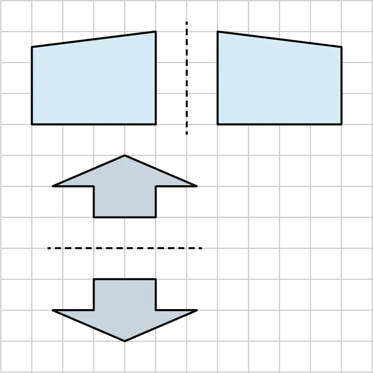 Two shapes are reflected vertically and horizontally about a dashed line. The first shape is a right trapezoid. The bottom side measures 4 units. From its left, it goes 2 and a half units, then goes 4 units top-right, and then goes 3 units down. The shape is reflected along a vertical dashed line. The second shape is an up arrow. The bottom side measures 2 units. From its left, it goes 1 unit up, then goes 1 and a quarter units left, then goes 2 and a quarter units top-right, then goes 2 and a quarter units bottom-right, then goes 1 and a quarter units left, and then goes 1 unit down. The arrow is reflected along a horizontal dashed line.