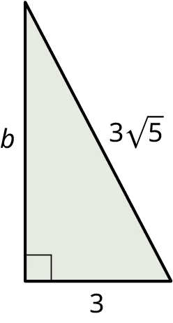 A right triangle. The legs are labeled b and 3. The hypotenuse is labeled 3 times square root of 5.