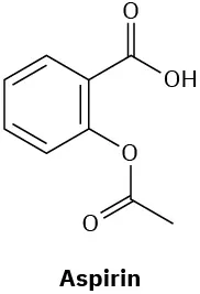 The structure of Aspirin has a benzene ring. C 1 is bonded to a carboxylic acid group. C 2 is bonded to acetoxyl group.