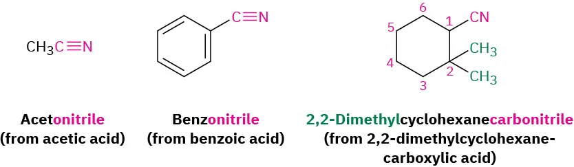 The structures of acetonitrile (from acetic acid), benzonitrile (from benzoic acid), and 2,2-dimethylcyclohexanecarbonitrile (from 2,2-dimethylcyclohexane-carboxylic acid).