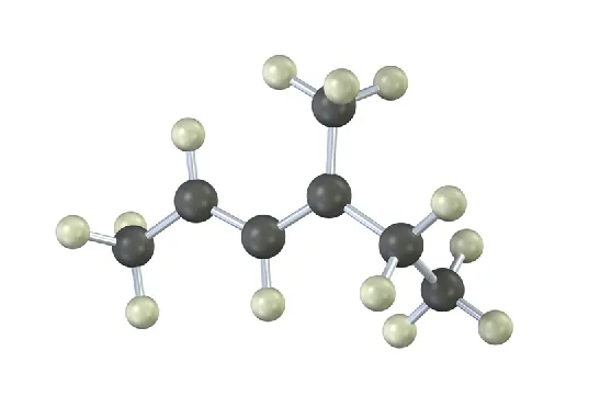 The ball-and-stick model has a 6-carbon chain. C 3 is bonded to a methyl group. Gray and white spheres represent carbon and hydrogen atoms, respectively.