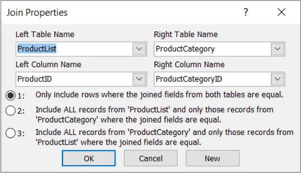 Join Properties pane displays: Left Table Name (ProductList), Right Table Name (ProductCategory), Left Column Name (ProductID),Right Column Name (ProductCategoryID). Only include rows where the joined fields from both tables are equal (selected).