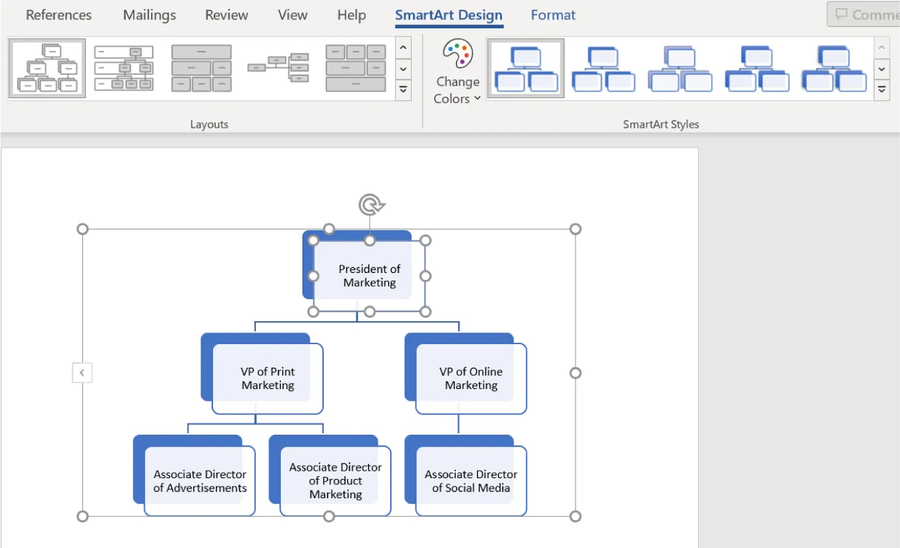 A chart style is selected from the SmartArt Styles command group. A hierarchy chart is inserted into the document in blue and white.