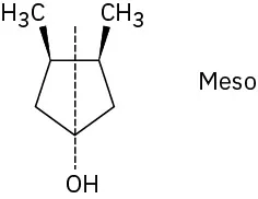 Meso compound has a cyclopentane ring. C1 is bonded to hydroxyl group. C3 and C4 are each wedge bonded to a methyl group. The symmetry plane passes through hydroxyl group and the C-C bond.