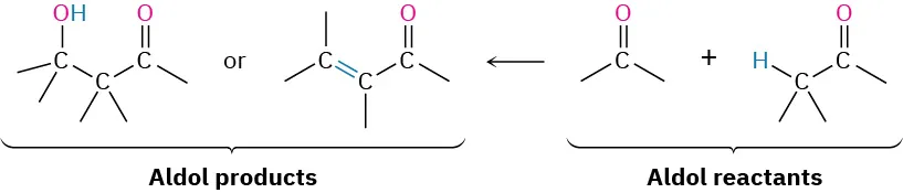 The figure shows two aldol reactants giving two aldol products. The products are a beta-hydroxy carbonyl compound and a conjugated enone.