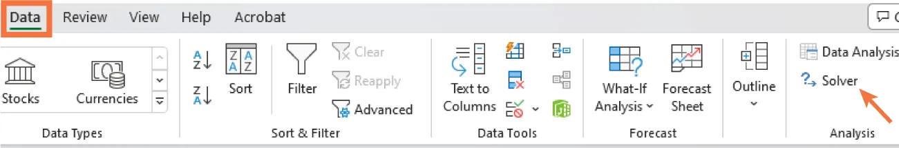 An arrow points to the Solver button on the Analysis command group on the Data tab of the ribbon.