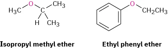 The structure of isopropyl methyl ether and ethyl phenyl ether. Their oxygen bonds with organic groups are highlighted.