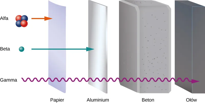 Na rysunku pokazano od lewej do prawej: papier, aluminium, beton i ołów. Trzy rodzaje promieniowania padają na ten układ z lewej strony. Promieniowanie alfa nie przechodzi przez papier. Promieniowanie beta przechodzi przez papier, ale nie przez metal. Promieniowanie gamma przechodzi przez papier, aluminium i beton, ale nie przez ołów.