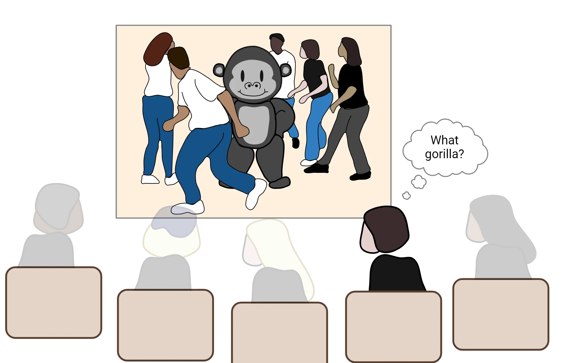 Decorative: cartoon of students in a lecture hall watching a video with a gorilla in the middle of a crowd