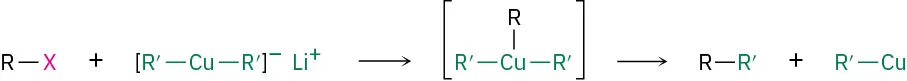 RX reacts with lithium di-R' copper to form an intermediate which further reacts to form R-R' and R'-Cu.