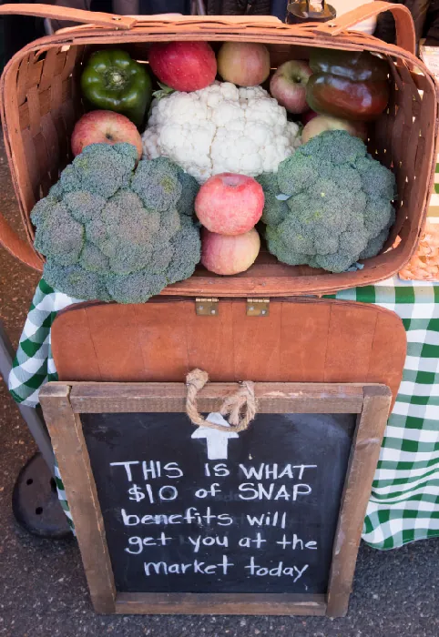 A large basket of vegetables and fruits sits on a table above a chalkboard that states This Is What 10 Dollars Of SNAP Benefits Will Get You At The Market Today.