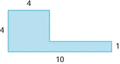 A geometric shape is shown. It is an L-shape. The base is labeled 10, the right side 1, the top and left side are each labeled 4.