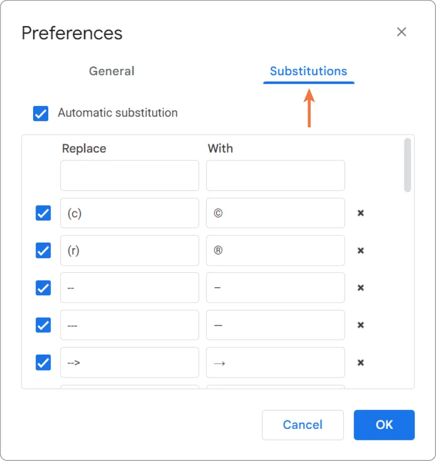 A Preferences window displays tabs for General and Substitutions. Options available in Substitutions include Automatic substitution, and Replace and With columns (with checkmarks and x’s).