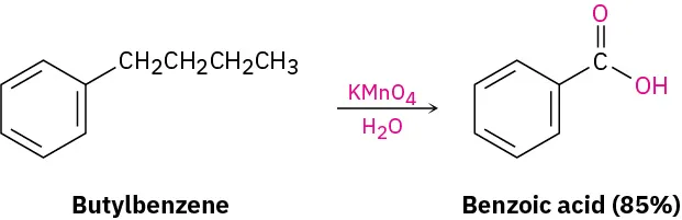 Butylbenzene reacts with potassium permanganate in the presence of water to form benzoic acid in 85 percent yield.