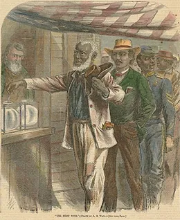 An illustration shows an elderly Black man casting his ballot. Behind him is a line of Black men, one of whom wears a military uniform, awaiting their turn.