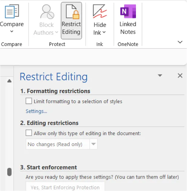 Restrict Editing is selected (Protect command group). Restrict Editing pane lists options: 1. Formatting restrictions, 2. Editing restrictions, and 3. Start enforcement.