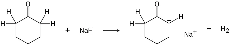 In a reaction, cyclohexanone reacts with N a H to form an enolate sodium salt product and a hydrogen molecule.