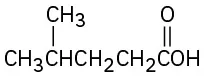 The structure of 4-methylpentanoic acid comprising of a five carbon chain with a C O O H group at C 1 and a methyl group at C 4.