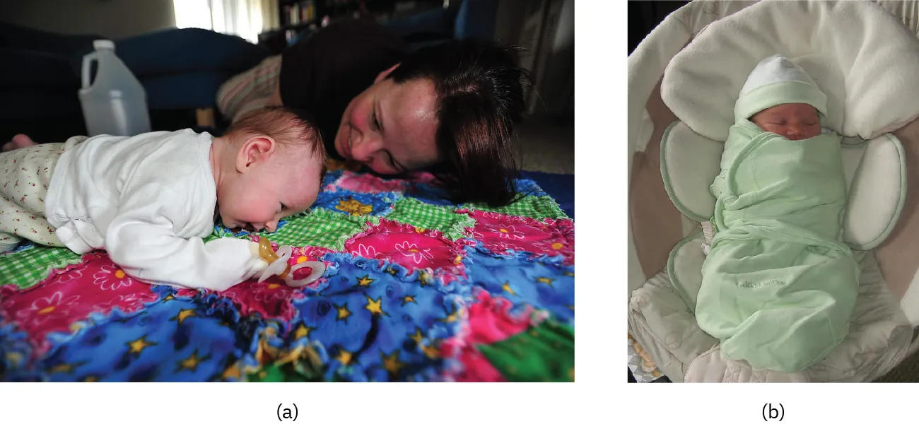 Photo of (a) infant lying on their belly while adult looks on and (b) infant swaddled.