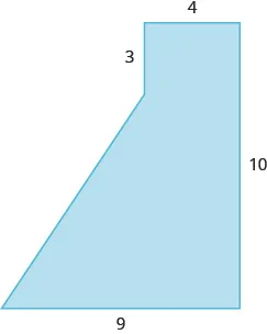 A geometric shape is shown. It is a rectangle with a triangle attached to the bottom left side. The top is labeled 4. The right side is labeled 10. The base is labeled 9. The vertical line from the top of the triangle to the top of the rectangle is labeled 3.