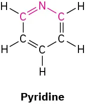 Condensed structural formula of pyridine, a ring of five carbons and one nitrogen with alternating single and double bonds. The nitrogen and adjacent carbons are highlighted in red.