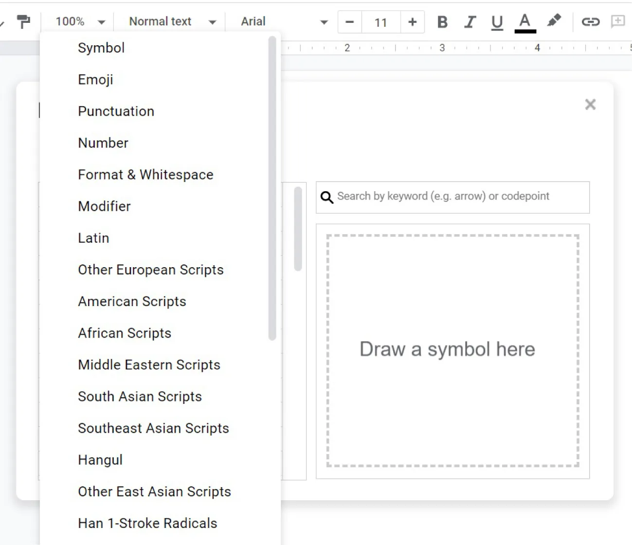 A pane lists options for Symbol, Emoji, Punctuation, Number, Format & Whitespace, Modifier, Latin, and various other Scripts. A screen displays a search bar and a Draw a symbol here pane.