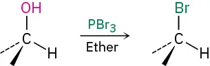 The reaction of secondary alcohol with phosphorus tribromide in the presence of ether forms an alkyl bromide where the OH in the reactant is replaced by Br in the product.