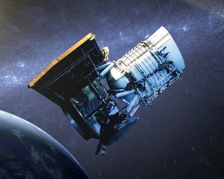 Artist’s illustration of WISE. Earth is at lower left with the stars of the Milky Way in the background.