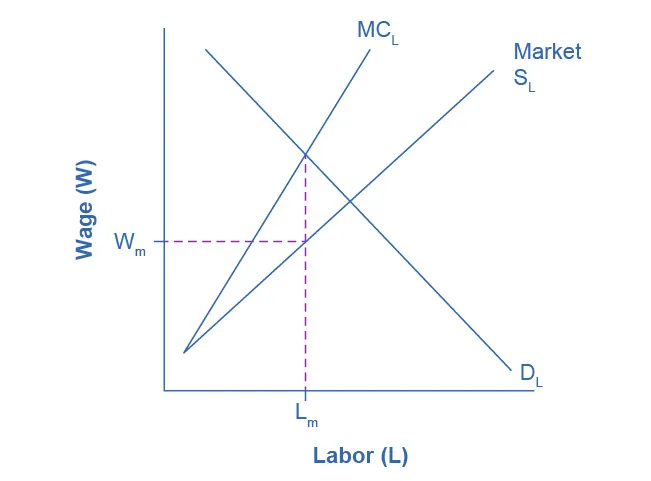  The x-axis is Labor, and the y-axis is Wages.  There are three curves.  The curve representing typical market supply for labor slopes upward from the bottom left to the top right.  The curve representing the marginal cost of hiring additional workers also, slopes from the bottom left to the top right, but it is steeper, and therefore always above the regular market supply curve.   The third curve is the labor demand, sloping from the top left to the bottom right.  Graphically, we can draw a vertical line up from Lm to the Supply Curve for label and then read the wage Wm off the vertical axis to the left.