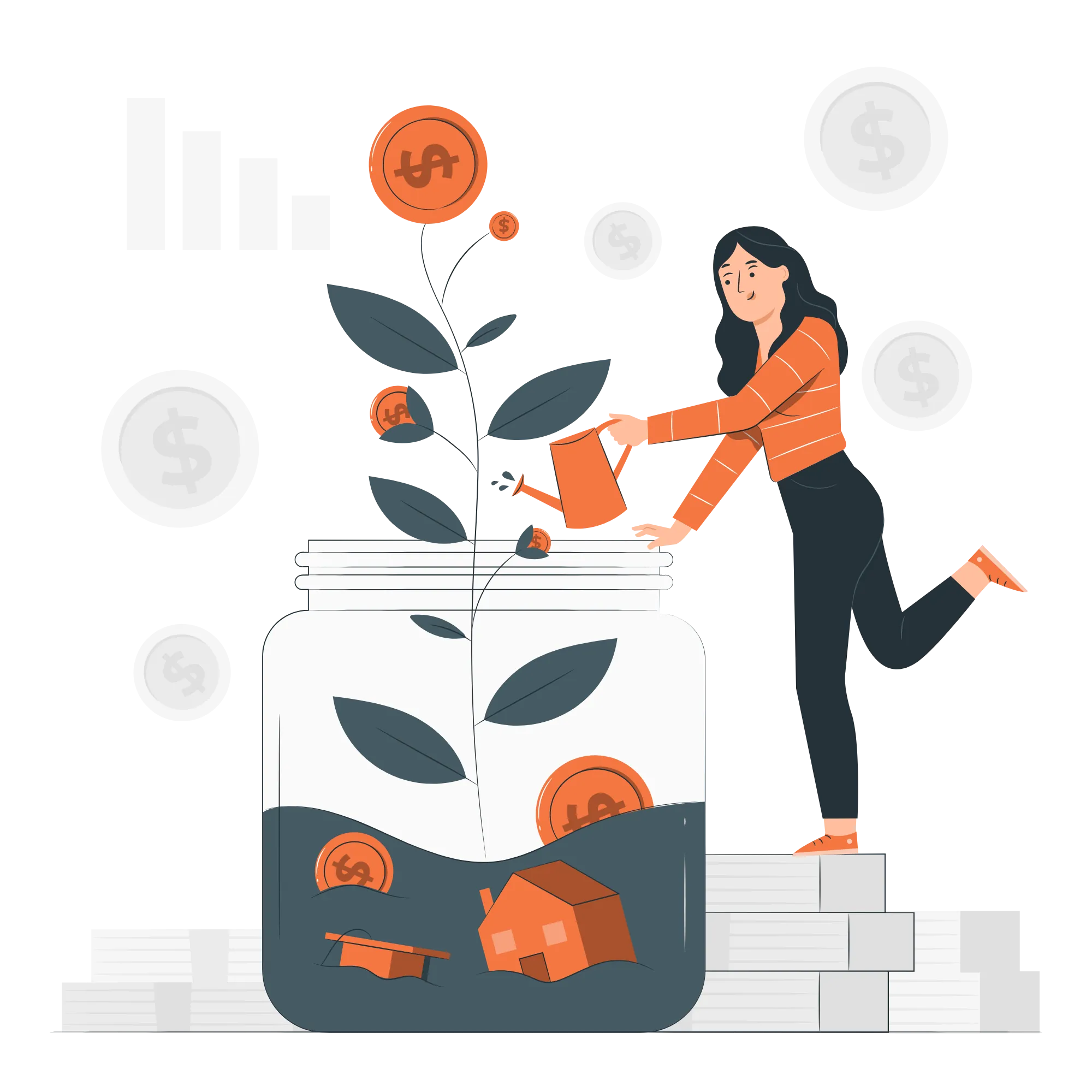 A woman waters a plant with dollar coins growing from a jar filled with money and a small house, symbolizing investment or financial growth, with stacks of coins and dollar icons in the background.