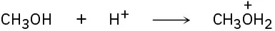 In a reaction, methanol reacts with hydrogen ion to form the protonated (at oxygen) methanol product.