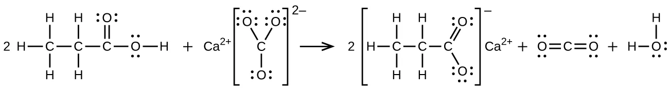 Se muestra una reacción. Hay un 2 delante de la primera estructura molecular. Esta primera estructura muestra un átomo de C enlazado a tres átomos de H y a otro átomo de C. Este segundo átomo de C está enlazado a dos átomos de H y a un tercer átomo de C. Este tercer átomo de C forma un doble enlace con un átomo de O y un enlace simple con otro átomo de O. Este segundo átomo de O forma un enlace simple con un átomo de H. Ambos átomos de O tienen dos pares de puntos de electrones. Hay un signo más y C con superíndice 2 y el signo más. Al lado del átomo de C, está el superíndice 2 con el signo más en un par de corchetes. Dentro de los corchetes hay un átomo de C central enlazado a tres átomos de O. Dos átomos de O tienen tres pares de puntos de electrones, y un átomo de O tiene dos pares de puntos de electrones. El signo 2 menos aparece como superíndice de los corchetes. Hay una flecha que apunta a la derecha. Hay un 2 y un par de corchetes. Dentro de los corchetes hay un átomo de C enlazado a tres átomos de H y a otro átomo de C. Este átomo de C está enlazado a dos átomos de H y a un tercer átomo de C. Este átomo de C está enlazado a dos átomos de O. Un átomo de O tiene dos pares de puntos de electrones, y un átomo de O tiene tres pares de puntos de electrones. Fuera de los corchetes hay un signo menos en superíndice. C con superíndice 2+ también está junto a los corchetes. Hay un signo de suma. La siguiente estructura molecular muestra un átomo de C que forma dos conjuntos de dobles enlaces con dos átomos de O. Cada átomo de O tiene dos pares de puntos de electrones. Hay un signo más. La estructura molecular final muestra un átomo de O enlazado a dos átomos de H. El átomo de O tiene dos pares de puntos de electrones.