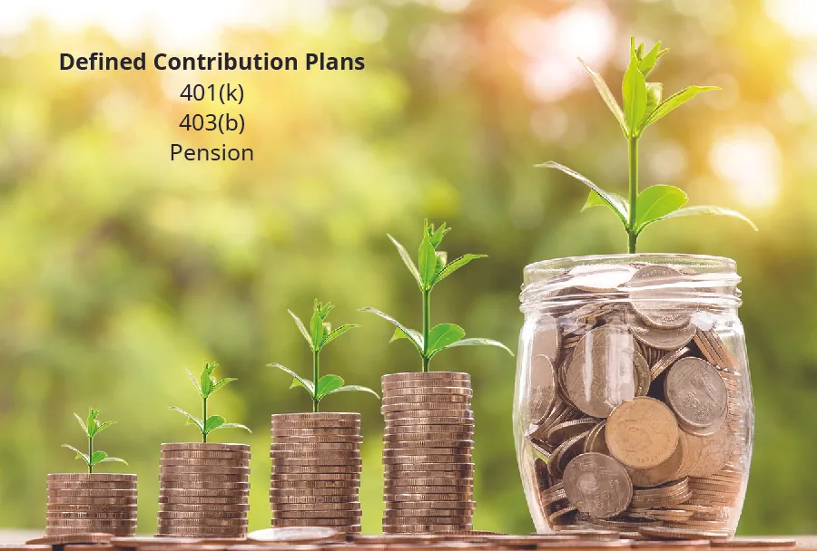 An image shows four stacks of coins and a jar of coins, each with a plant growing from them. Defined contribution plans: 401(k), 403(b), Pension.