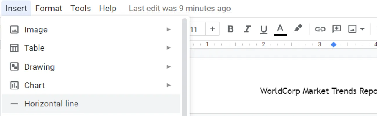 The Insert tab is selected and the pane opens to these options for selection: Image, Table, Drawing, Chart, and Horizontal line.