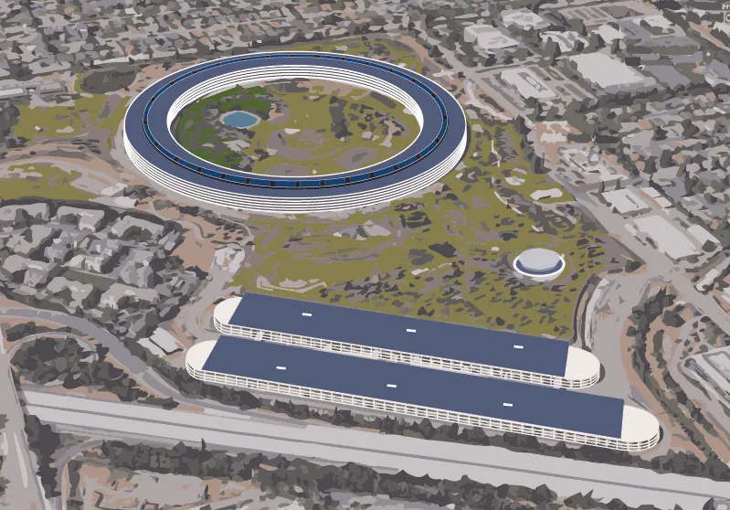This image shows a rendering of a large, ring-shaped building.